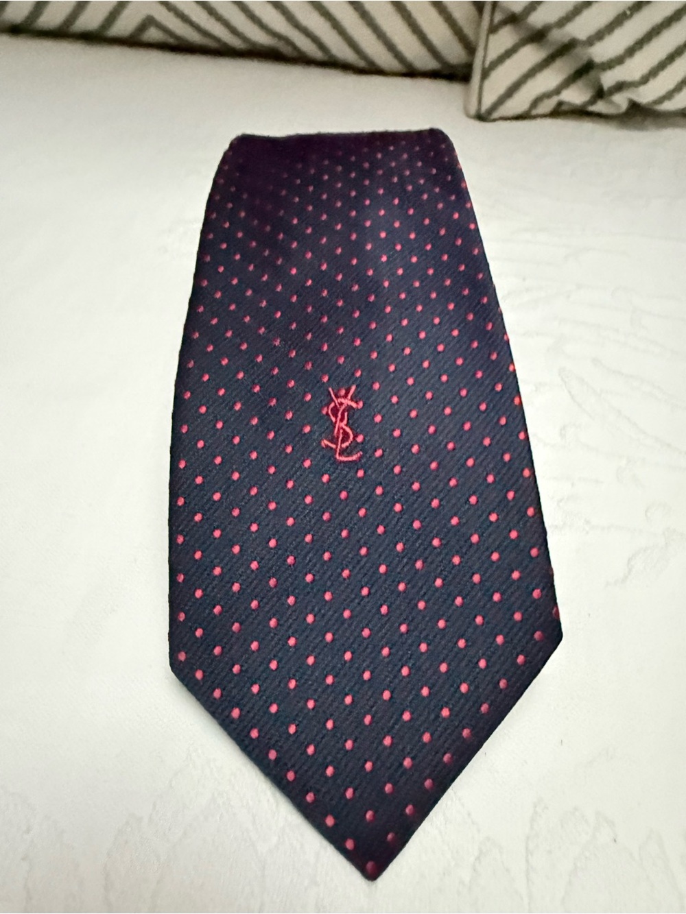 Yves Saint Laurent Navy Tie with Red Polka Dots and Red YSL Logo